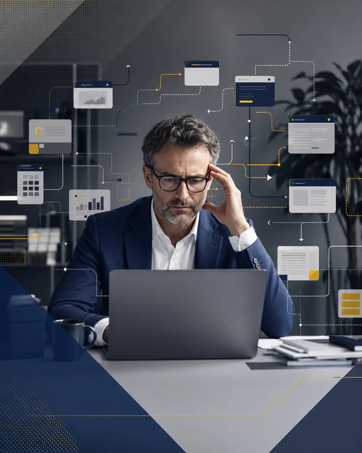 Professionista bloccato tra strumenti e attività senza una direzione